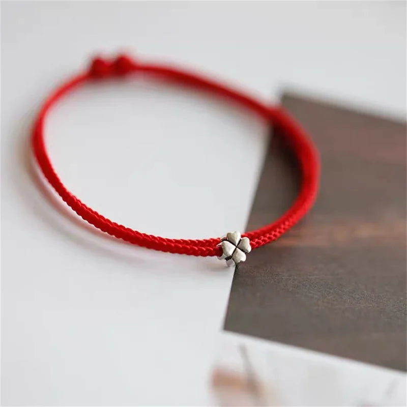 Mini Fashion Four-leaf Clover Red Thread String Bracelet Lucky Red Handmade Rope Charm Bracelet For Women Men Jewelry