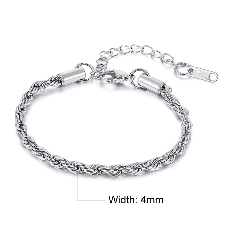 Vnox Unisex Rope Chain Bracelets for Men Women, Stainless Steel Twisted Links Chain Bracelet,Simple Classic Jewelry Gift for Him