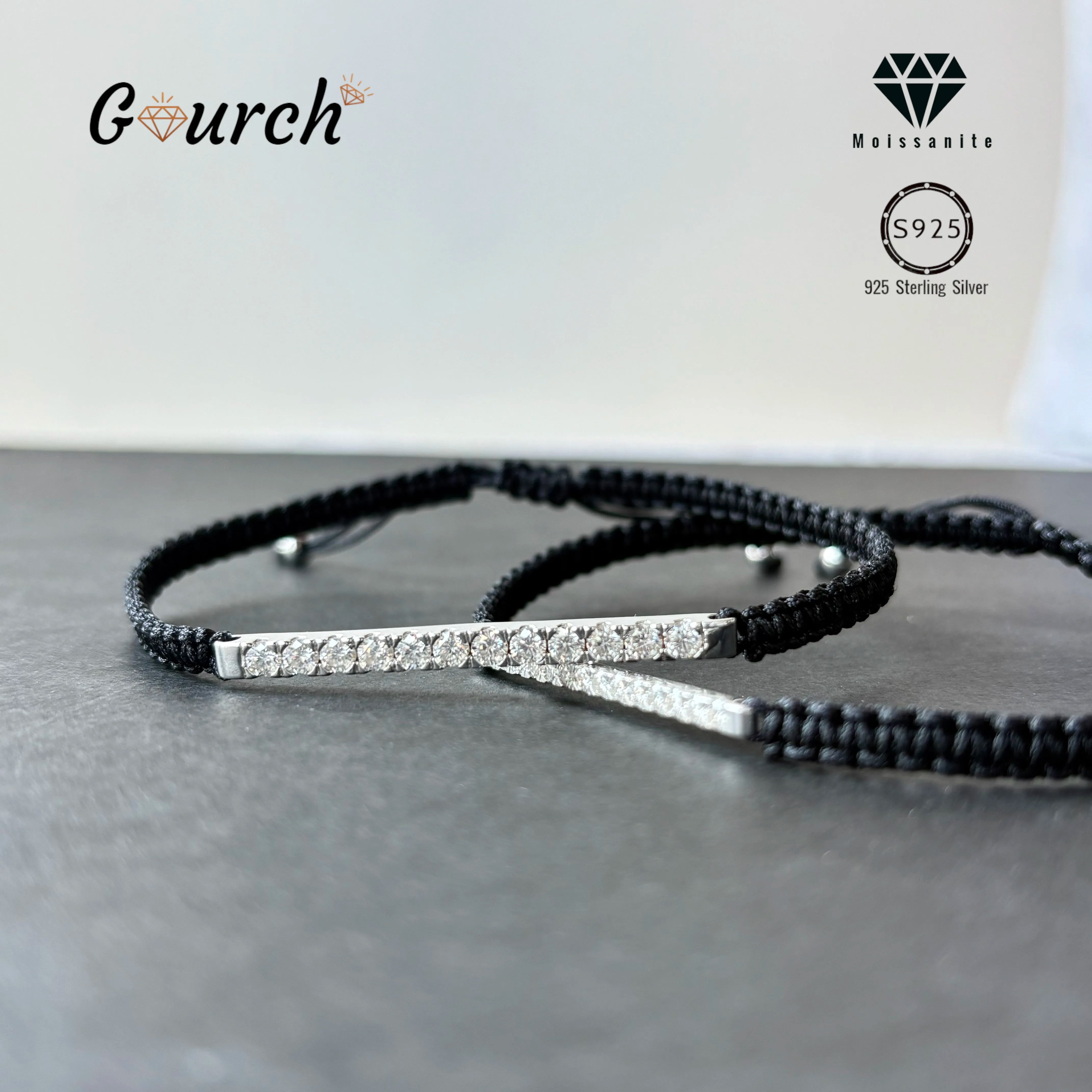 Gourch 2/3mm Adjustable Braided Rope Moissanite Bracelet Lab Grown 925 Sterling Silver Fine Jewelry for Women Men Party Gift