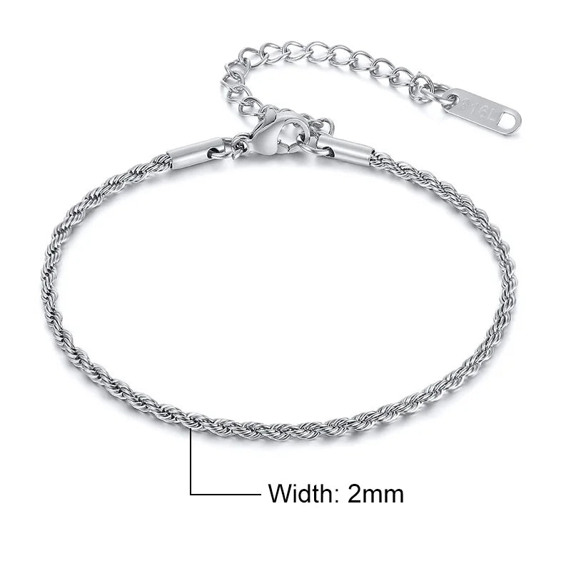Vnox Unisex Rope Chain Bracelets for Men Women, Stainless Steel Twisted Links Chain Bracelet,Simple Classic Jewelry Gift for Him